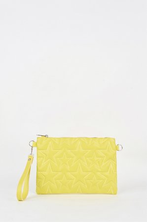 Kadın Neon Sarı Yıldız Nakışlı Suni Deri Bilek Ve Zincir Askılı Portföy El Ve Clutch Çanta