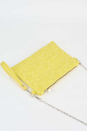 Kadın Neon Sarı Yıldız Nakışlı Suni Deri Bilek Ve Zincir Askılı Portföy El Ve Clutch Çanta
