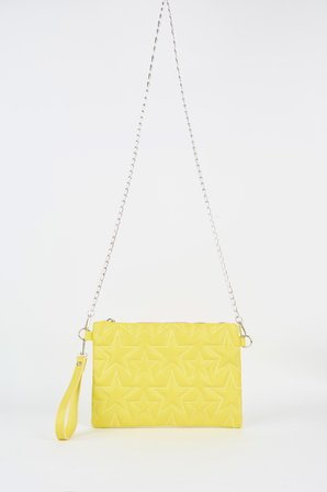 Kadın Neon Sarı Yıldız Nakışlı Suni Deri Bilek Ve Zincir Askılı Portföy El Ve Clutch Çanta