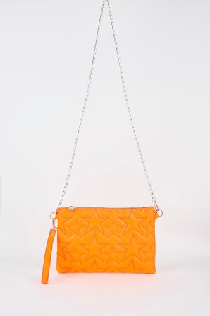 Kadın Neon Turuncu Yıldız Nakışlı Suni Deri Bilek Ve Zincir Askılı Portföy El Ve Clutch Çanta
