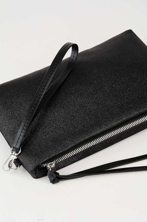 Kadın Bellis Simli Siyah Astarlı Suni Deri Bilek Askılı Portföy El Ve Clutch Çanta