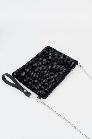 Kadın V Desen Siyah Taşlı Süet Bilek Askılı Ve Zincir Askılı Portföy El Ve Clutch Çanta