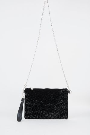 Kadın V Desen Siyah Taşlı Süet Bilek Askılı Ve Zincir Askılı Portföy El Ve Clutch Çanta