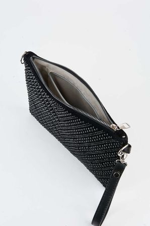 Kadın V Desen Siyah Taşlı Süet Bilek Askılı Ve Zincir Askılı Portföy El Ve Clutch Çanta