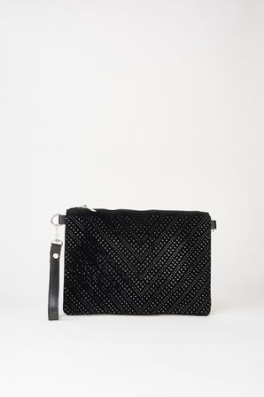 Kadın V Desen Siyah Taşlı Süet Bilek Askılı Ve Zincir Askılı Portföy El Ve Clutch Çanta