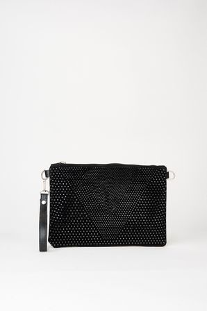 Kadın Siyah Taşlı Süet Bilek Askılı Ve Zincir Askılı Portföy El Ve Clutch Çanta