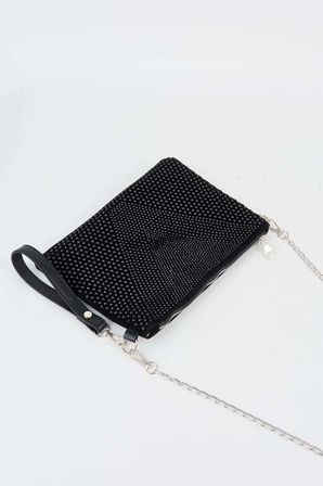 Kadın Siyah Taşlı Süet Bilek Askılı Ve Zincir Askılı Portföy El Ve Clutch Çanta