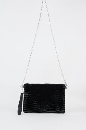 Kadın Siyah Taşlı Süet Bilek Askılı Ve Zincir Askılı Portföy El Ve Clutch Çanta