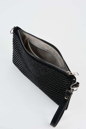 Kadın Siyah Taşlı Süet Bilek Askılı Ve Zincir Askılı Portföy El Ve Clutch Çanta