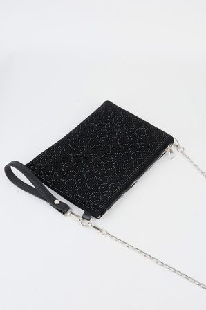 Kadın Balık Siyah Taşlı Süet Bilek Askılı Ve Zincir Askılı Portföy El Ve Clutch Çanta