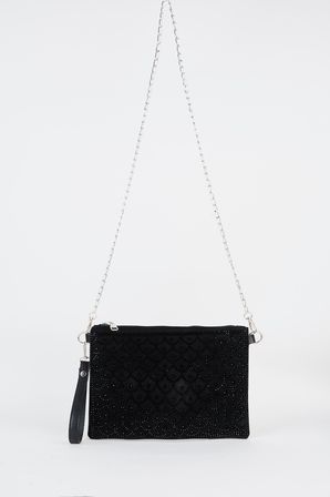 Kadın Balık Siyah Taşlı Süet Bilek Askılı Ve Zincir Askılı Portföy El Ve Clutch Çanta