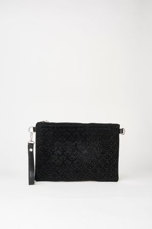 Kadın Balık Siyah Taşlı Süet Bilek Askılı Ve Zincir Askılı Portföy El Ve Clutch Çanta