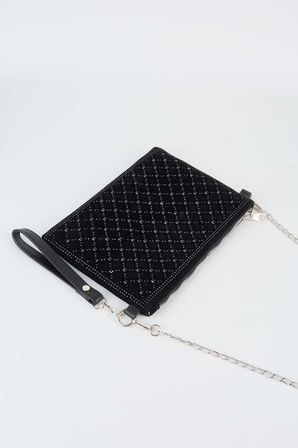 Kadın Kapitone Siyah Taşlı Süet Bilek Askılı Ve Zincir Askılı Portföy El Ve Clutch Çanta