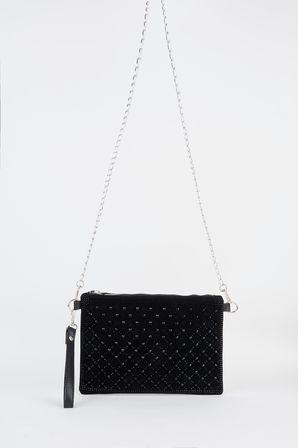 Kadın Kapitone Siyah Taşlı Süet Bilek Askılı Ve Zincir Askılı Portföy El Ve Clutch Çanta