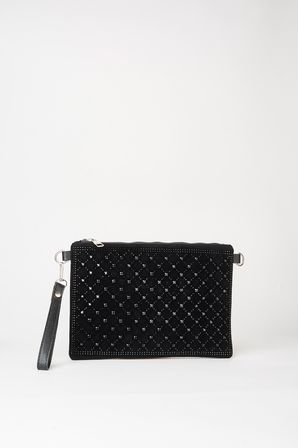 Kadın Kapitone Siyah Taşlı Süet Bilek Askılı Ve Zincir Askılı Portföy El Ve Clutch Çanta