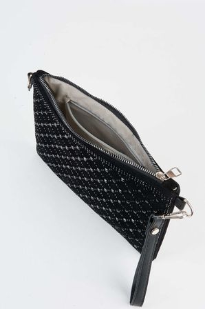 Kadın Kapitone Siyah Taşlı Süet Bilek Askılı Ve Zincir Askılı Portföy El Ve Clutch Çanta