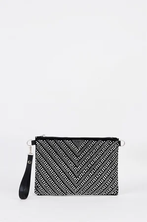 Kadın V Gümüş Taşlı Süet Bilek Askılı Ve Zincir Askılı Portföy El Ve Clutch Çanta
