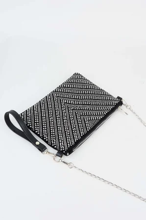 Kadın V Gümüş Taşlı Süet Bilek Askılı Ve Zincir Askılı Portföy El Ve Clutch Çanta