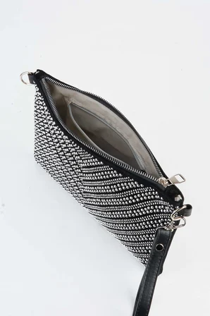 Kadın V Gümüş Taşlı Süet Bilek Askılı Ve Zincir Askılı Portföy El Ve Clutch Çanta