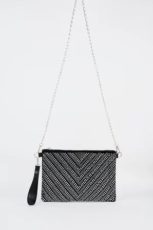 Kadın V Gümüş Taşlı Süet Bilek Askılı Ve Zincir Askılı Portföy El Ve Clutch Çanta