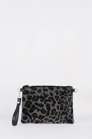 Kadın Leopar Gümüş Taşlı Süet Bilek Askılı Ve Zincir Askılı Portföy El Ve Clutch Çanta