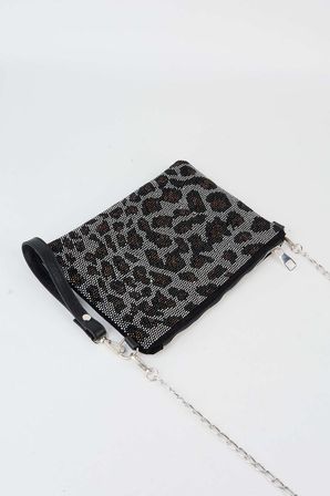 Kadın Leopar Gümüş Taşlı Süet Bilek Askılı Ve Zincir Askılı Portföy El Ve Clutch Çanta