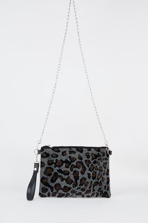 Kadın Leopar Gümüş Taşlı Süet Bilek Askılı Ve Zincir Askılı Portföy El Ve Clutch Çanta