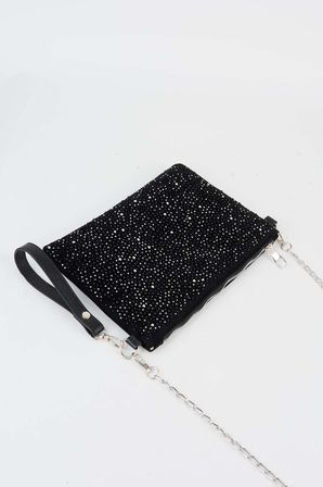 Kadın Yıldız Gümüş Taşlı Süet Bilek Askılı Ve Zincir Askılı Portföy El Ve Clutch Çanta
