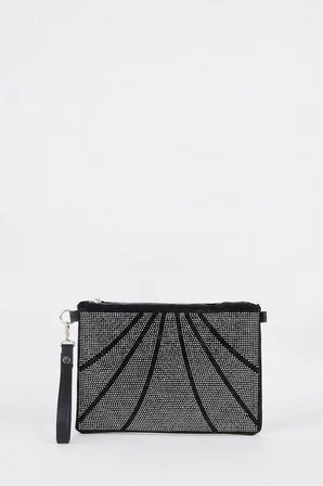 Kadın Parça Gümüş Taşlı Süet Bilek Askılı Ve Zincir Askılı Portföy El Ve Clutch Çanta