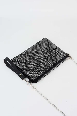 Kadın Parça Gümüş Taşlı Süet Bilek Askılı Ve Zincir Askılı Portföy El Ve Clutch Çanta