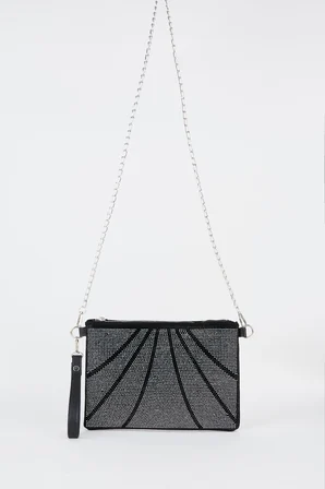 Kadın Parça Gümüş Taşlı Süet Bilek Askılı Ve Zincir Askılı Portföy El Ve Clutch Çanta