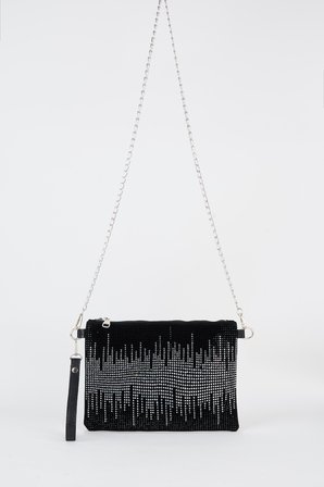 Kadın Dalgalı Gümüş Taşlı Süet Bilek Askılı Ve Zincir Askılı Portföy El Ve Clutch Çanta