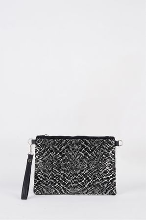 Kadın Gümüş Taşlı Süet Bilek Askılı Ve Zincir Askılı Portföy El Ve Clutch Çanta