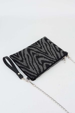 Kadın Zikzak Gümüş Taşlı Süet Bilek Askılı Ve Zincir Askılı Portföy El Ve Clutch Çanta