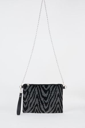 Kadın Zikzak Gümüş Taşlı Süet Bilek Askılı Ve Zincir Askılı Portföy El Ve Clutch Çanta