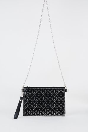 Kadın Balık Gümüş Taşlı Süet Bilek Askılı Ve Zincir Askılı Portföy El Ve Clutch Çanta
