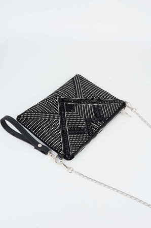 Kadın Geometrik Gümüş Taşlı Süet Bilek Askılı Ve Zincir Askılı Portföy El Ve Clutch Çanta