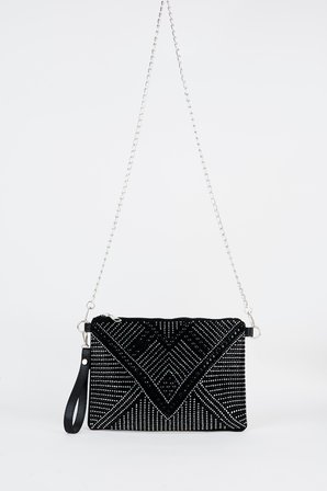 Kadın Geometrik Gümüş Taşlı Süet Bilek Askılı Ve Zincir Askılı Portföy El Ve Clutch Çanta