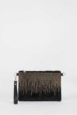 Kadın Şehir Silüeti Gold Taşlı Süet Bilek Askılı Ve Zincir Askılı Portföy El Ve Clutch Çanta