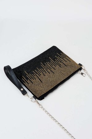 Kadın Şehir Silüeti Gold Taşlı Süet Bilek Askılı Ve Zincir Askılı Portföy El Ve Clutch Çanta