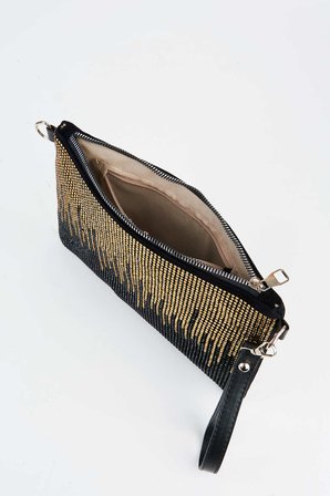 Kadın Şehir Silüeti Gold Taşlı Süet Bilek Askılı Ve Zincir Askılı Portföy El Ve Clutch Çanta