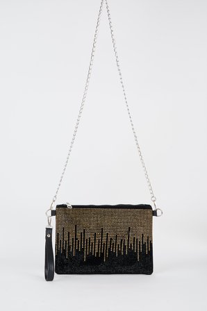 Kadın Şehir Silüeti Gold Taşlı Süet Bilek Askılı Ve Zincir Askılı Portföy El Ve Clutch Çanta
