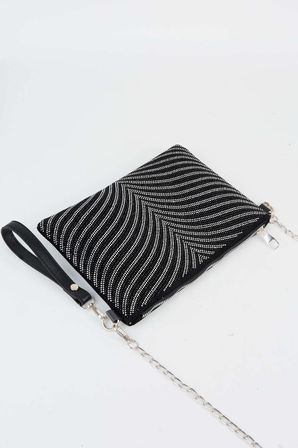 Kadın Zebra Gümüş Taşlı Süet Bilek Askılı Ve Zincir Askılı Portföy El Ve Clutch Çanta