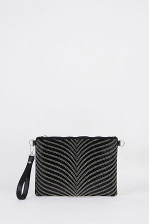 Kadın Zebra Gümüş Taşlı Süet Bilek Askılı Ve Zincir Askılı Portföy El Ve Clutch Çanta