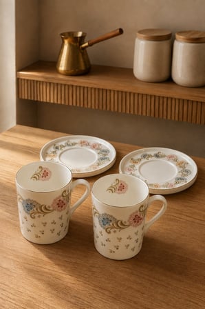 Tabak Evi Porselen Gülce Altın Yaldızlı  Kahve Fincan Takımı 90cc 4 Parça 2 Kişilik