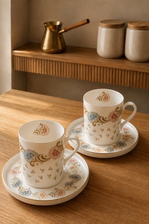 Tabak Evi Porselen Gülce Altın Yaldızlı  Kahve Fincan Takımı 90cc 4 Parça 2 Kişilik