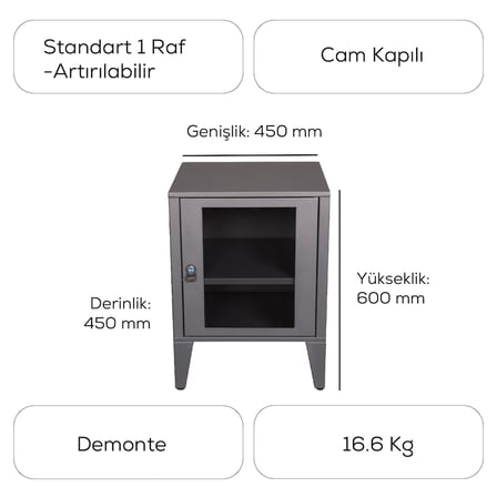 Alfafonet Ziglat Serisi Kilitli Metal Home Office Dolabı Cam Kapaklı Antrasit Gri 450x600x450 mm