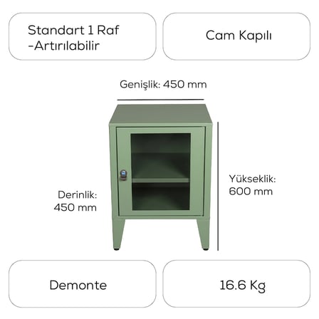 Alfafonet Ziglat Serisi Kilitli Metal Home Office Dolabı Cam Kapaklı Yeşil 450x600x450 mm