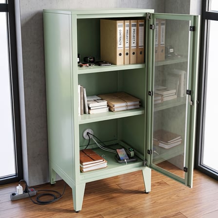 Alfafonet Ziglat Serisi Kilitli Metal Home Office Dolabı Cam Kapaklı Yeşil 450x1050x450 mm