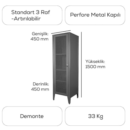 Alfafonet Ziglat Serisi Kilitli Metal Home Office Dolabı %70 Perfore Kapaklı Antrasit Gri 450x1500x450 mm